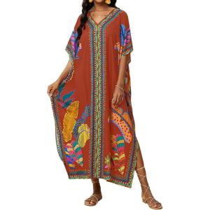 imageBsubseach Kaftan Cover Ups for Swimwear Women Plus Size Caftan Dress Beach Coverup Summer LoungewearOrange Red