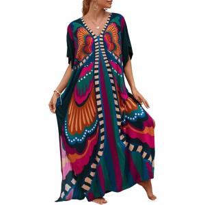 imageBsubseach Kaftan Dresses for Women Butterfly Print Plus Size Batwing Sleeve Caftans Long Bathing Suit Cover UpButterfly