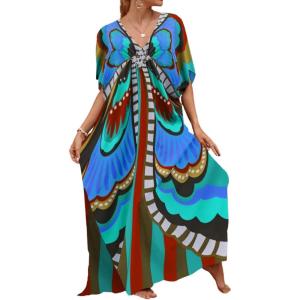 imageBsubseach Kaftan Dresses for Women Butterfly Print Plus Size Batwing Sleeve Caftans Long Bathing Suit Cover UpColorful Butterfly