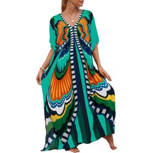 imageBsubseach Kaftan Dresses for Women Butterfly Print Plus Size Batwing Sleeve Caftans Long Bathing Suit Cover UpGreen Blue