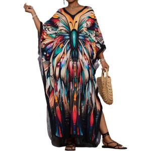 imageBsubseach Kaftan Dresses for Women Floral Print Caftans Bathing Suit Cover Ups Plus Size Long Beach Coverup DressColorful Butterfly