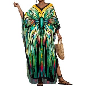 imageBsubseach Kaftan Dresses for Women Floral Print Caftans Bathing Suit Cover Ups Plus Size Long Beach Coverup DressGreen