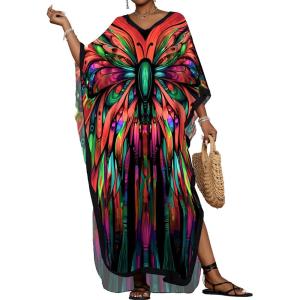 imageBsubseach Kaftan Dresses for Women Floral Print Caftans Bathing Suit Cover Ups Plus Size Long Beach Coverup DressRed