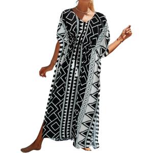 imageBsubseach Kaftan Dresses for Women Plus Size Swimsuit Cover Up Long Caftan Dress with Waist DrawstringBblack Geometric