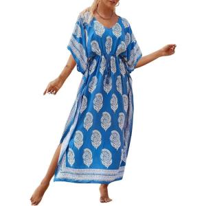 imageBsubseach Kaftan Dresses for Women Plus Size Swimsuit Cover Up Long Caftan Dress with Waist DrawstringBblue