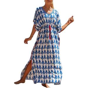 imageBsubseach Kaftan Dresses for Women Plus Size Swimsuit Cover Up Long Caftan Dress with Waist DrawstringBblue White