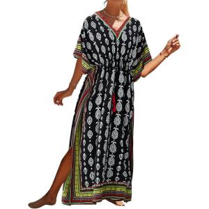 imageBsubseach Kaftan Dresses for Women Plus Size Swimsuit Cover Up Long Caftan Dress with Waist DrawstringBlack Green