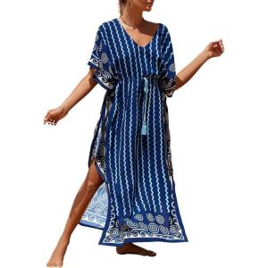 imageBsubseach Kaftan Dresses for Women Plus Size Swimsuit Cover Up Long Caftan Dress with Waist DrawstringBwavy Stripes