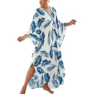 imageBsubseach Kaftan Dresses for Women Plus Size Swimsuit Cover Up V Neck Caftan Beach Dress LoungewearDblue Leaves