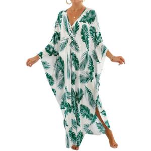 imageBsubseach Kaftan Dresses for Women Plus Size Swimsuit Cover Up V Neck Caftan Beach Dress LoungewearDgreen Leaves Print