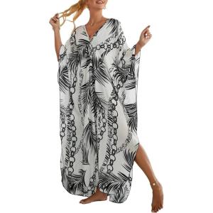 imageBsubseach Kaftan Dresses for Women Plus Size Swimsuit Cover Up V Neck Caftan Beach Dress LoungewearDwhite Leaves