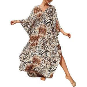 imageBsubseach Kaftan Dresses for Women Plus Size Swimsuit Cover Up V Neck Caftan Beach Dress LoungewearDzebra Spots