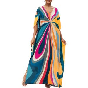 imageBsubseach Kaftan Dresses for Women V Neck Batwing Sleeve Plus Size Caftans Swimwear Coverups Maxi Beach DressesBlue Geometry