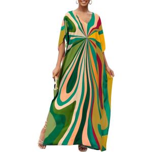 imageBsubseach Kaftan Dresses for Women V Neck Batwing Sleeve Plus Size Caftans Swimwear Coverups Maxi Beach DressesGreen Geometry