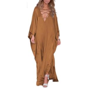 imageBsubseach Kaftan Dresses for Women V Neck Swimsuit Coverup Caftan Dress Womens Long Sleeve Flowy Beach DressEbrown