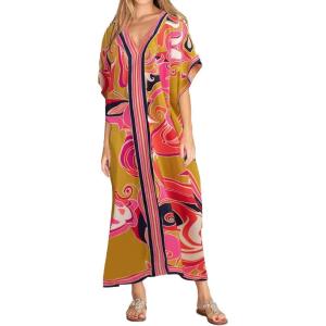 imageBsubseach Women Plus Size Kaftan Dress Swimsuit Cover Up Caftan Maxi Beach Dresses Cover UpsGinger Flower