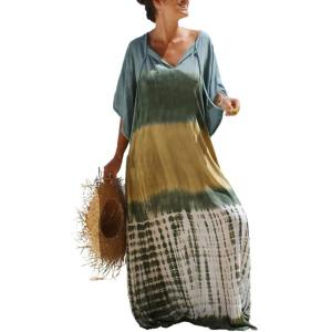 imageBsubseach Women Tie Dye Kaftan Dress Plus Size Beach Cover Up Short Sleeve Caftan Maxi Dresses Green
