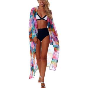 imageBsubseach Womens Multicolor Print Long Chiffon Beach Blouses Cardigan Kimono Bikini Cover Up Swimwear KaftanColorful Feather