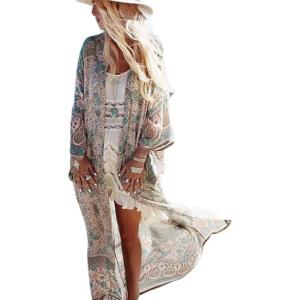 imageBsubseach Womens Multicolor Print Long Chiffon Beach Blouses Cardigan Kimono Bikini Cover Up Swimwear KaftanGreen Print