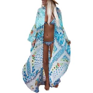 imageBsubseach Womens Multicolor Print Long Chiffon Beach Blouses Cardigan Kimono Bikini Cover Up Swimwear KaftanMulticolor