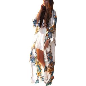 imageBsubseach Womens Multicolor Print Long Chiffon Beach Blouses Cardigan Kimono Bikini Cover Up Swimwear KaftanPrint 2