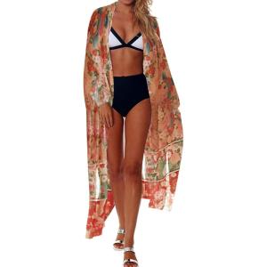 imageBsubseach Womens Multicolor Print Long Chiffon Beach Blouses Cardigan Kimono Bikini Cover Up Swimwear KaftanPrint 4