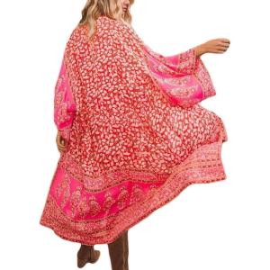 imageBsubseach Womens Multicolor Print Long Chiffon Beach Blouses Cardigan Kimono Bikini Cover Up Swimwear KaftanRed Floral