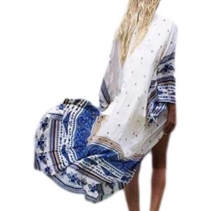 imageBsubseach Womens Multicolor Print Long Chiffon Beach Blouses Cardigan Kimono Bikini Cover Up Swimwear KaftanWhite Blue Print