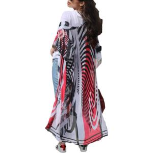 imageBsubseach Womens Multicolor Print Long Chiffon Beach Blouses Cardigan Kimono Bikini Cover Up Swimwear KaftanZebra Print Red