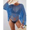 imageBsubseach Crochet Cover Up for Swimwear Women Hollow Out Swimsuit Coverup Long Sleeve Beach TopBlue