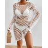 imageBsubseach Crochet Swimsuit Coverup for Women Long Sleeve Swim Cover Up Hollow Out Knitted Bikini BeachwearWhite