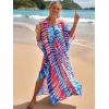imageBsubseach Kaftan Dresses for Women Plus Size Tie Dye Batwing Sleeve Caftans Swimsuit Coverup Maxi Dress LoungewearBlue Red