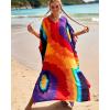 imageBsubseach Kaftan Dresses for Women Plus Size Tie Dye Batwing Sleeve Caftans Swimsuit Coverup Maxi Dress LoungewearRainbow