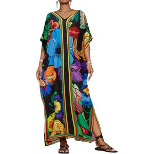 imageBsubseach Caftans for Women Plus Size Swimsuit Cover Ups Long Beach Boho Kaftan Dresses Resort WearBlack Flower