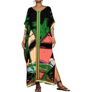 imageBsubseach Caftans for Women Plus Size Swimsuit Cover Ups Long Beach Boho Kaftan Dresses Resort WearHgreen Leaves