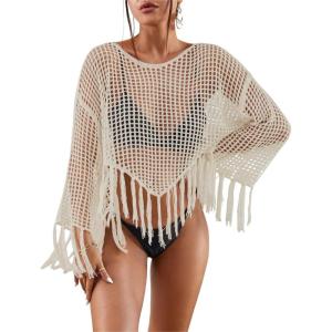 imageBsubseach Crochet Cover Up for Swimwear Women Hollow Out Swimsuit Coverup Long Sleeve Beach TopApricot
