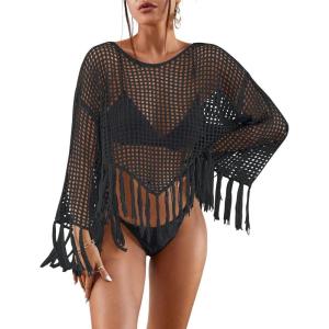imageBsubseach Crochet Cover Up for Swimwear Women Hollow Out Swimsuit Coverup Long Sleeve Beach TopBlack