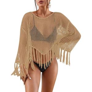 imageBsubseach Crochet Cover Up for Swimwear Women Hollow Out Swimsuit Coverup Long Sleeve Beach TopCamel