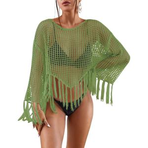 imageBsubseach Crochet Cover Up for Swimwear Women Hollow Out Swimsuit Coverup Long Sleeve Beach TopGreen