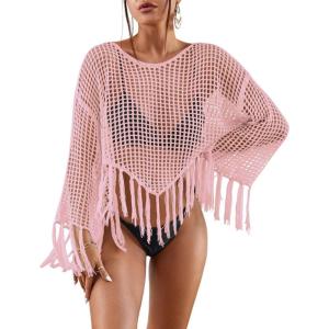 imageBsubseach Crochet Cover Up for Swimwear Women Hollow Out Swimsuit Coverup Long Sleeve Beach TopPink