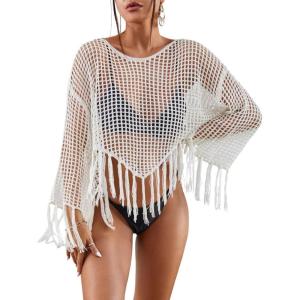 imageBsubseach Crochet Cover Up for Swimwear Women Hollow Out Swimsuit Coverup Long Sleeve Beach TopWhite
