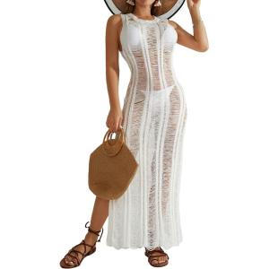 imageBsubseach Crochet Cover Up for Women Knit Sleeveless Swimsuit Coverups Summer Long DressWhite