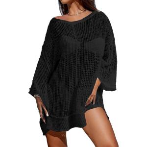 imageBsubseach Crochet Coverups for Women Swimsuit Long Sleeve Bathing Suit Cover Up Mesh Knit Beach Dress Vacation OutfitsBlack02