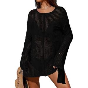 imageBsubseach Crochet Coverups for Women Swimsuit Long Sleeve Bathing Suit Cover Up Mesh Knit Beach Dress Vacation OutfitsBlack03