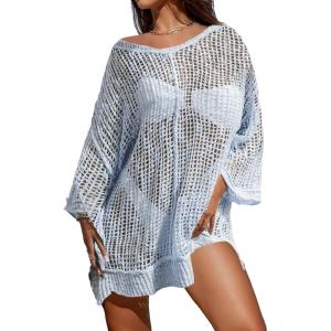 imageBsubseach Crochet Coverups for Women Swimsuit Long Sleeve Bathing Suit Cover Up Mesh Knit Beach Dress Vacation OutfitsBlue