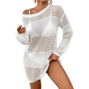 imageBsubseach Crochet Coverups for Women Swimsuit Long Sleeve Bathing Suit Cover Up Mesh Knit Beach Dress Vacation OutfitsWhite