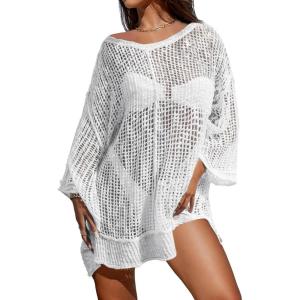 imageBsubseach Crochet Coverups for Women Swimsuit Long Sleeve Bathing Suit Cover Up Mesh Knit Beach Dress Vacation OutfitsWhite02
