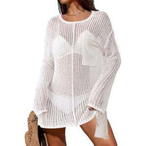 imageBsubseach Crochet Coverups for Women Swimsuit Long Sleeve Bathing Suit Cover Up Mesh Knit Beach Dress Vacation OutfitsWhite03