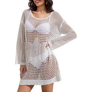 imageBsubseach Crochet Coverups for Women Swimsuit Long Sleeve Bathing Suit Cover Up Mesh Knit Beach Dress Vacation OutfitsWhite04