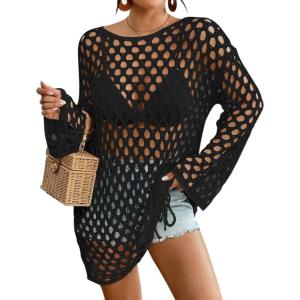 imageBsubseach Crochet Swimsuit Coverup for Women Long Sleeve Swim Cover Up Hollow Out Knitted Bikini BeachwearBlack